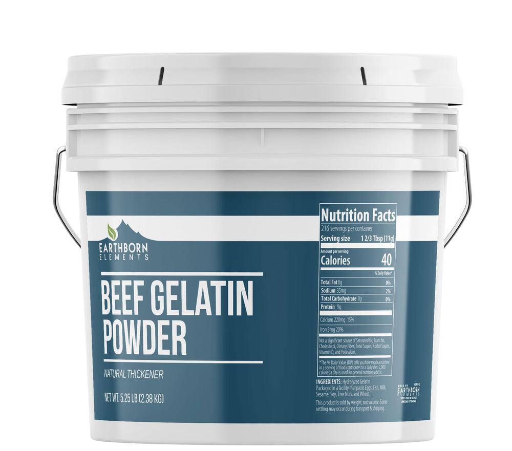 Earthborn Elements Beef Gelatin Powder bucket shown as a versatile thickener for soups and sauces.