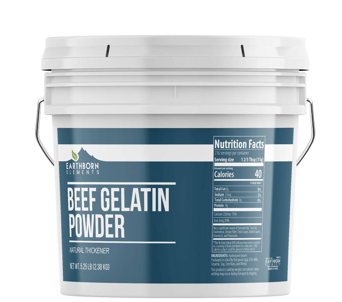 Earthborn Elements Beef Gelatin Powder bucket shown as a versatile thickener for soups and sauces.