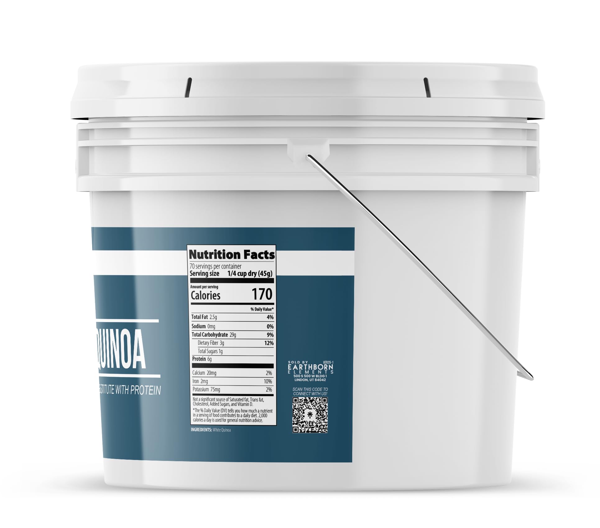 Earthborn Elements White Quinoa container shows raw grain ready for meal prep.