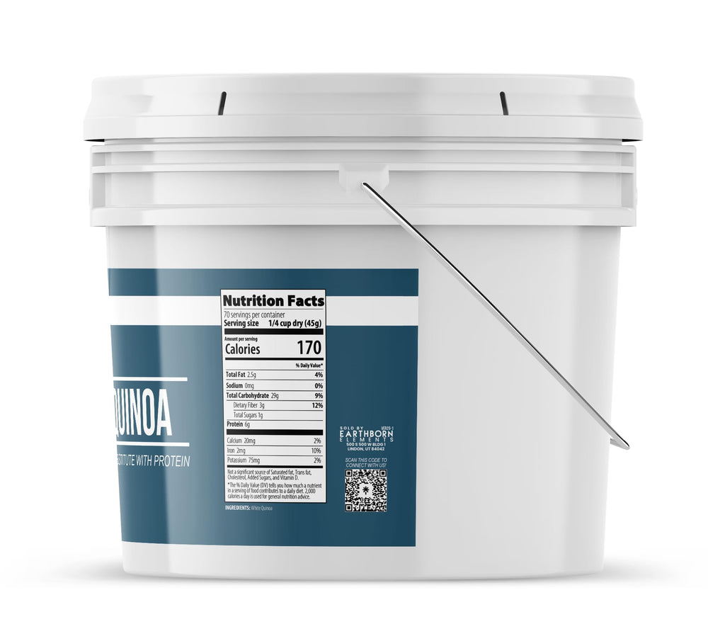 Earthborn Elements White Quinoa container shows raw grain ready for meal prep.