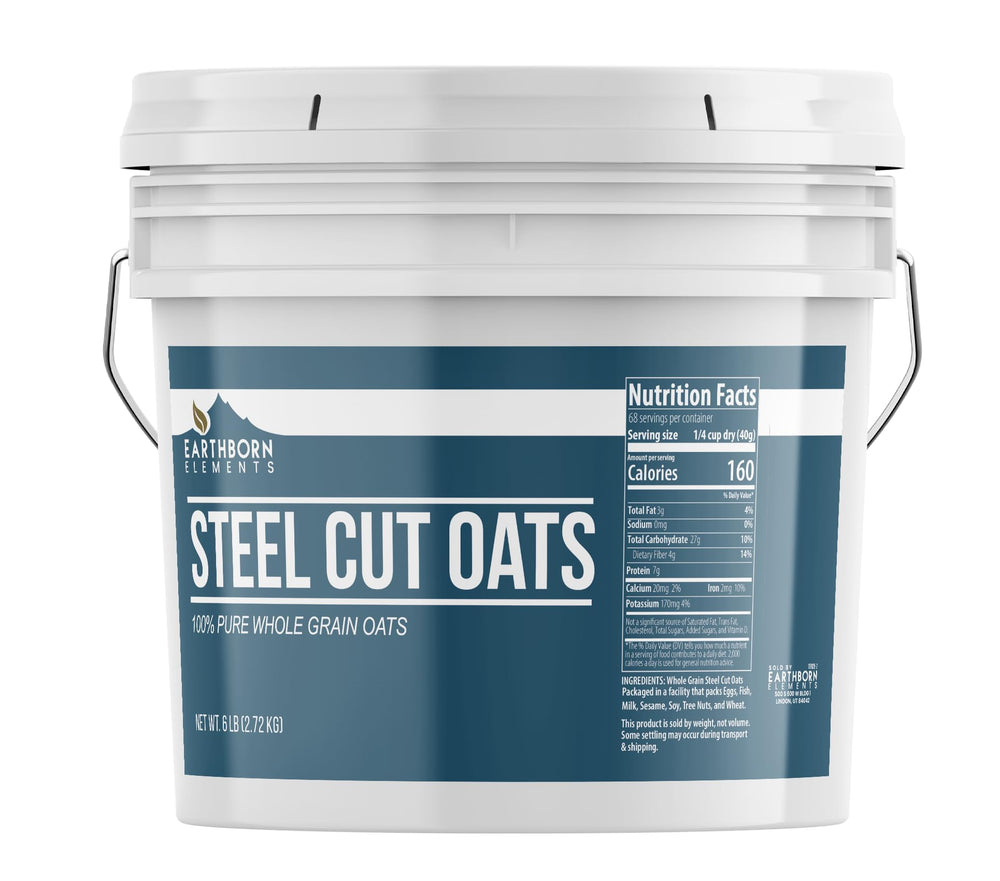 Earthborn Elements steel cut oats in a resealable bucket for easy breakfast prep.