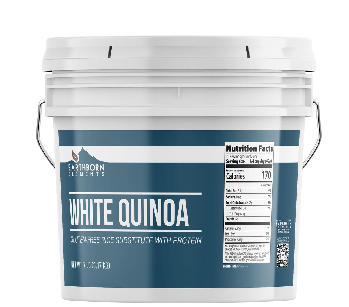 Earthborn Elements White Quinoa in a resealable bucket for easy storage and freshness.