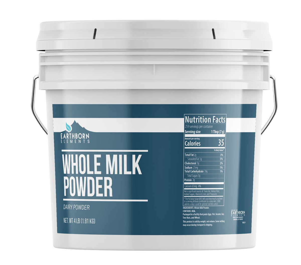 Earthborn Elements whole milk powder in a resealable bucket for bulk use.