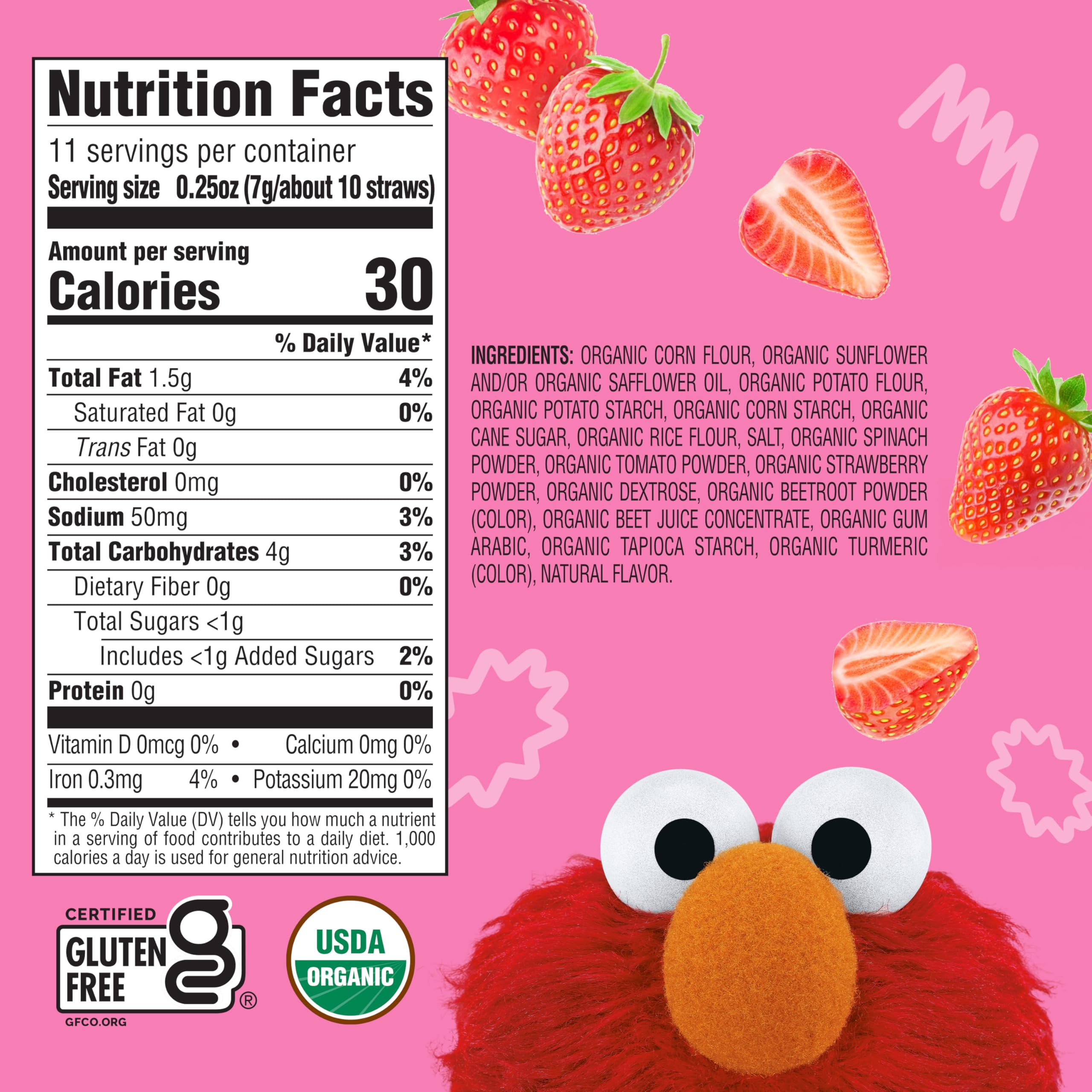 Back panel of Earth's Best Sesame Street Sweet & Veggie Straws shows organic ingredients