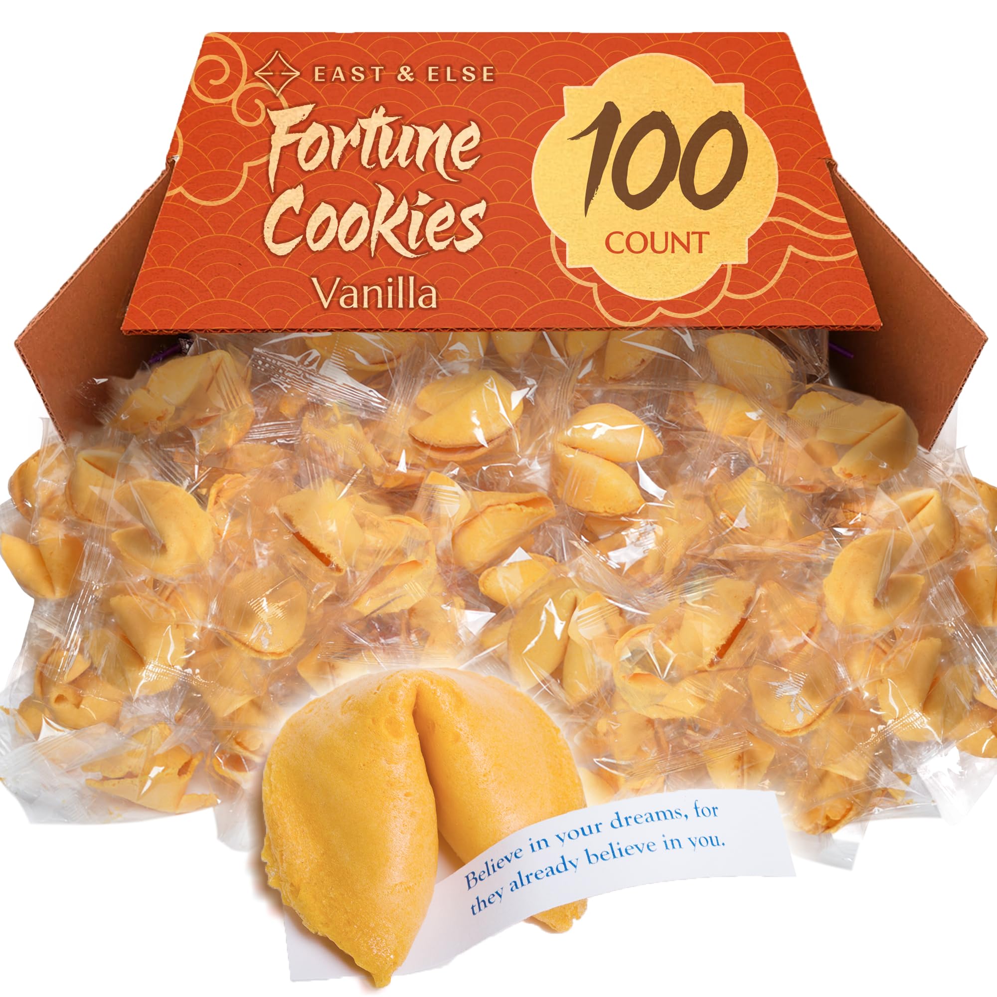 East and Else vanilla fortune cookies in packaging for long-lasting freshness.