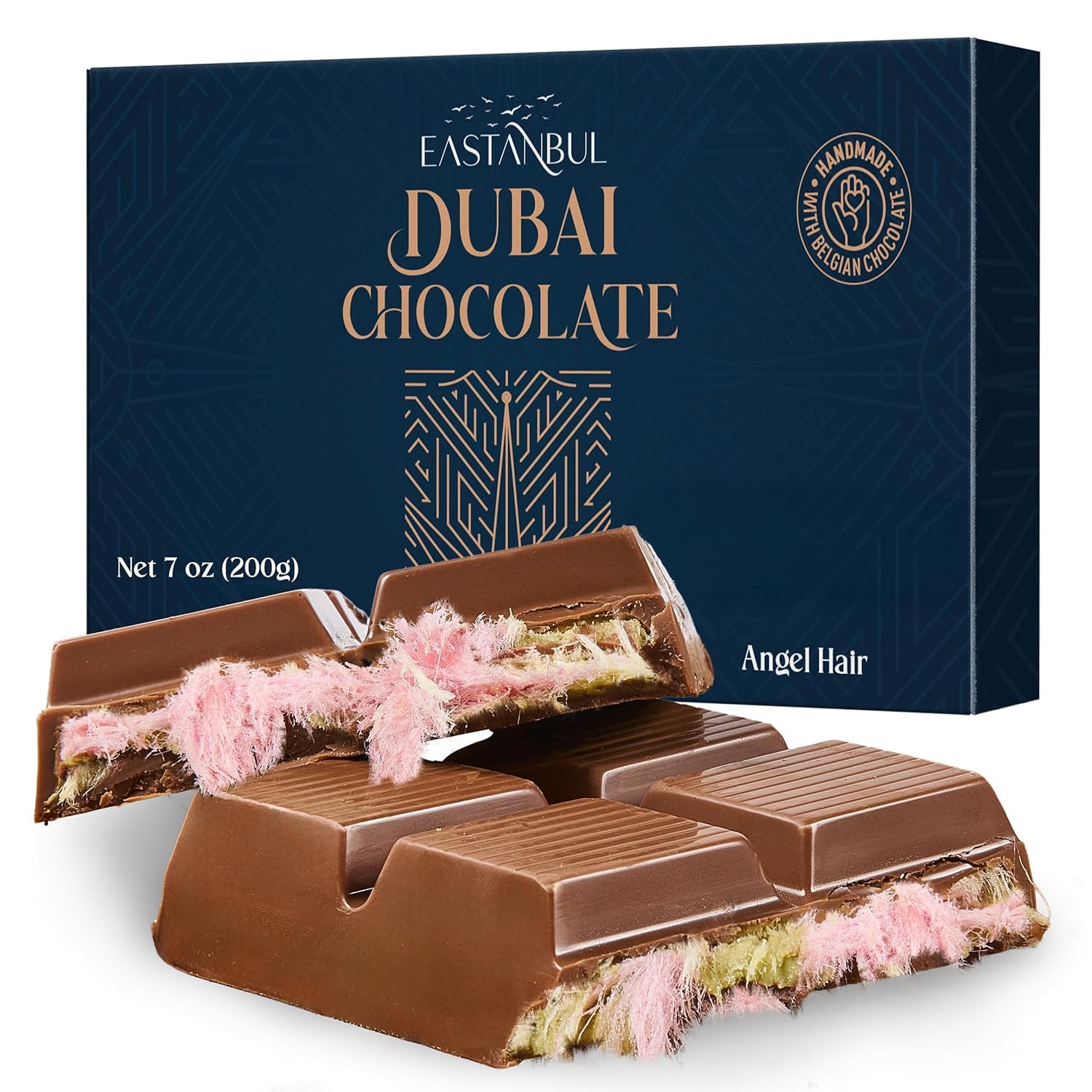 Eastanbul Angel Hair Dubai chocolate bar with pistachio cream, gift-ready indulgence.