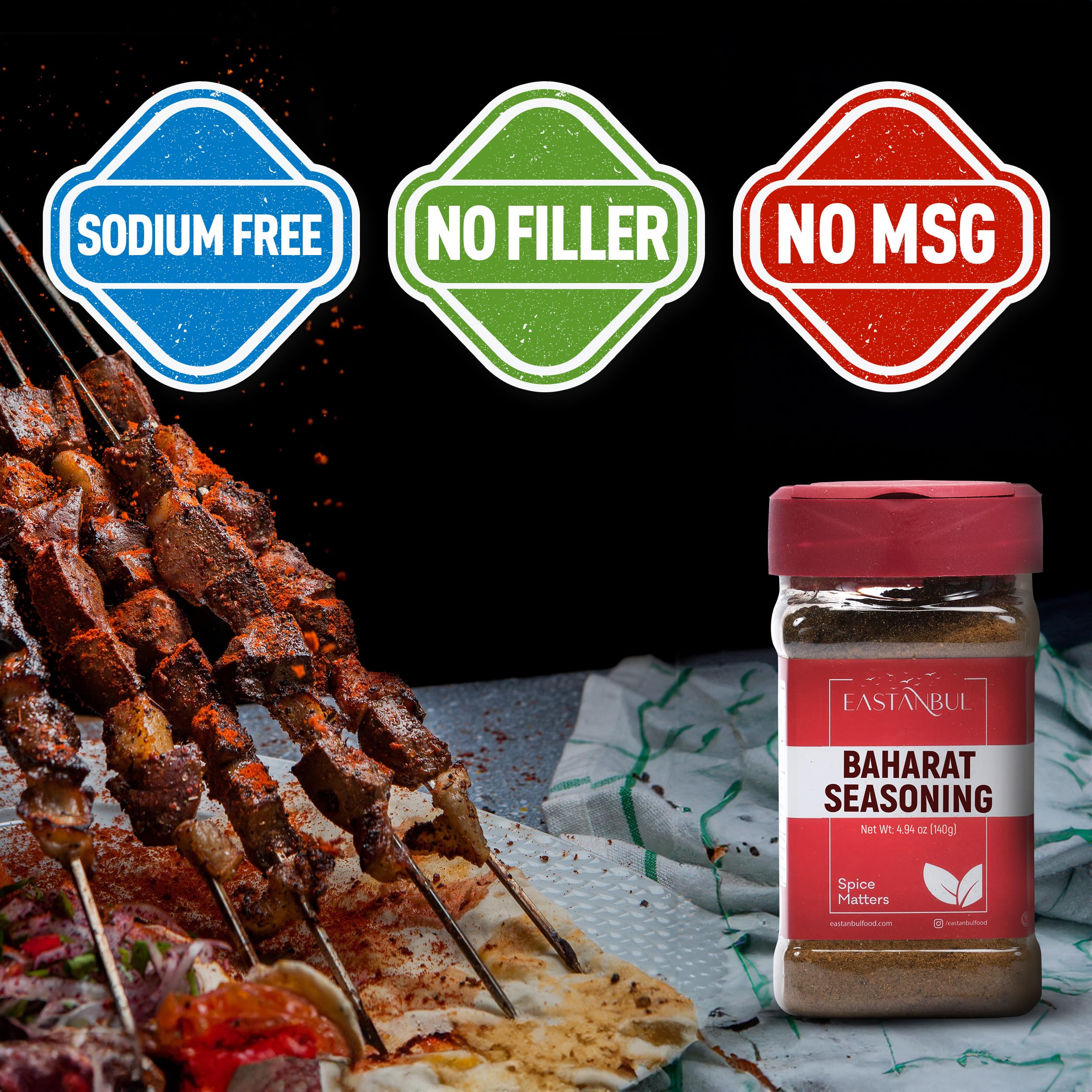 Eastanbul Baharat spice blend label highlights vegan and gluten-free attributes