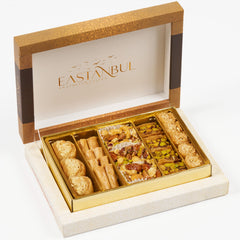 Eastanbul Baklava assortment close-up with pistachios, highlighting premium texture for gifting.