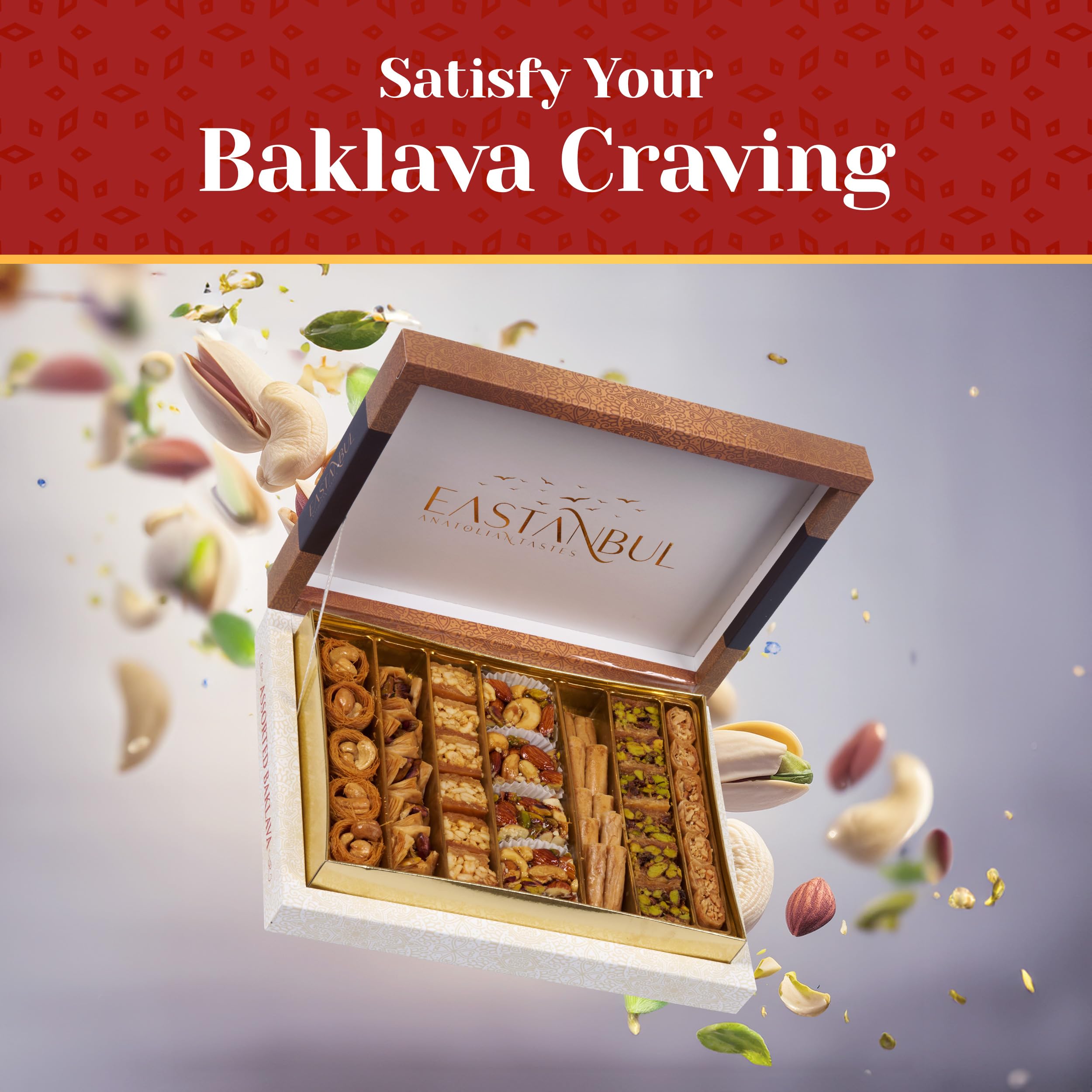 Eastanbul baklava pistachio cashew nuts closeup emphasizes nut-filled richness.