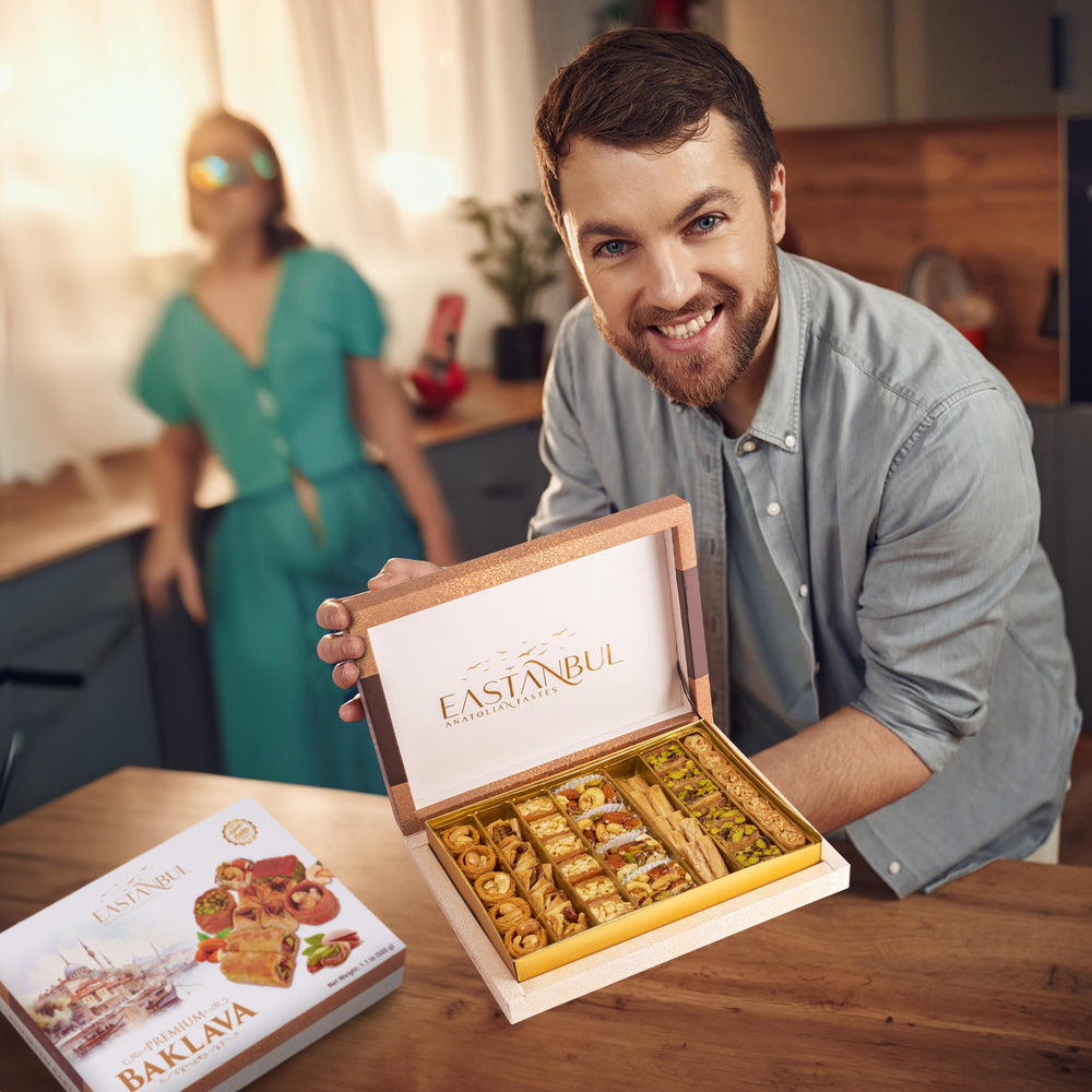 Eastanbul baklava sample pieces on plate invite tasting and gifting.
