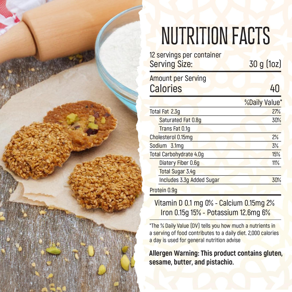 Eastanbul Barazek Pistachio Sesame Cookies closeup crunch highlighting premium sesame texture.