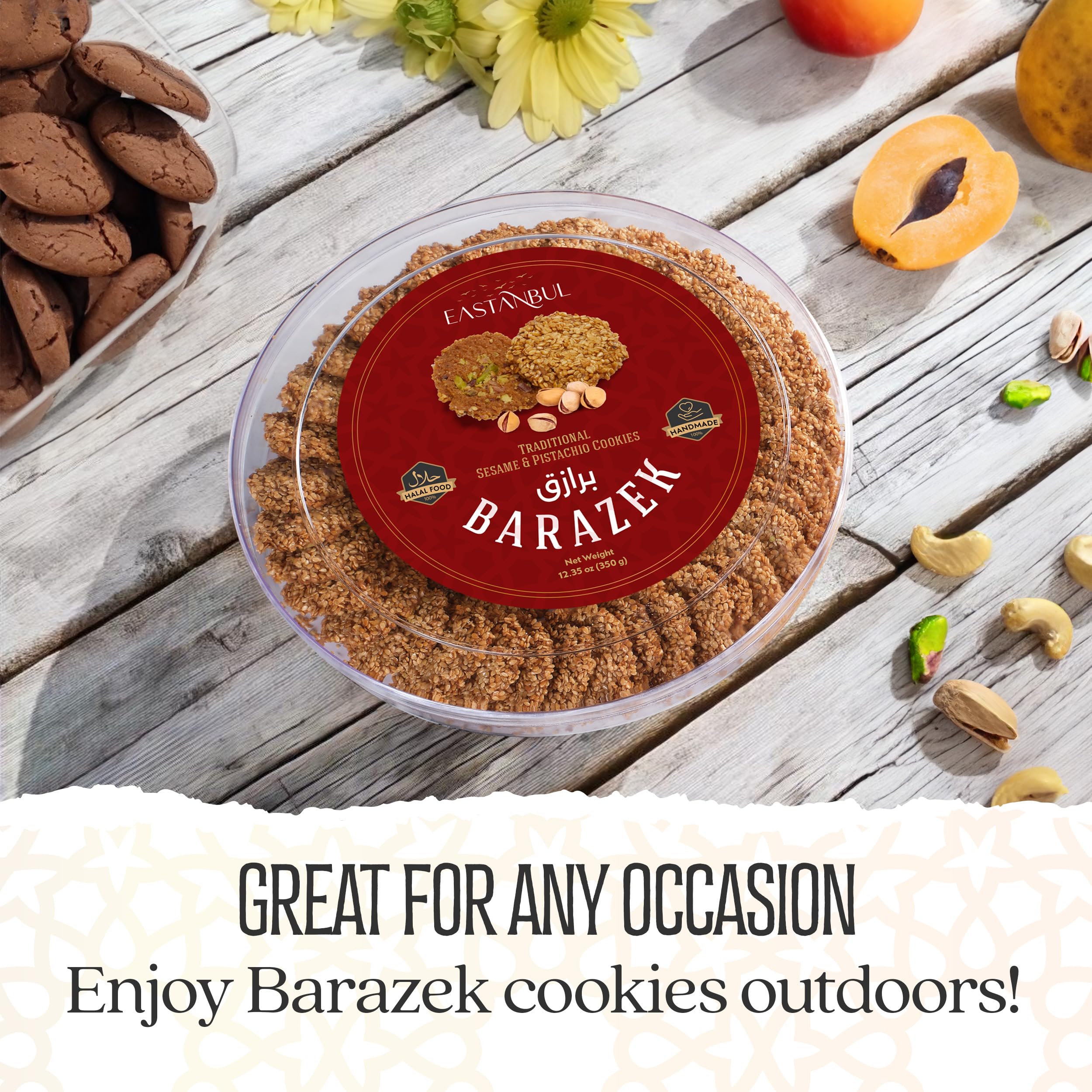 Eastanbul Barazek Pistachio Sesame Cookies serving platter ideal with tea or coffee.