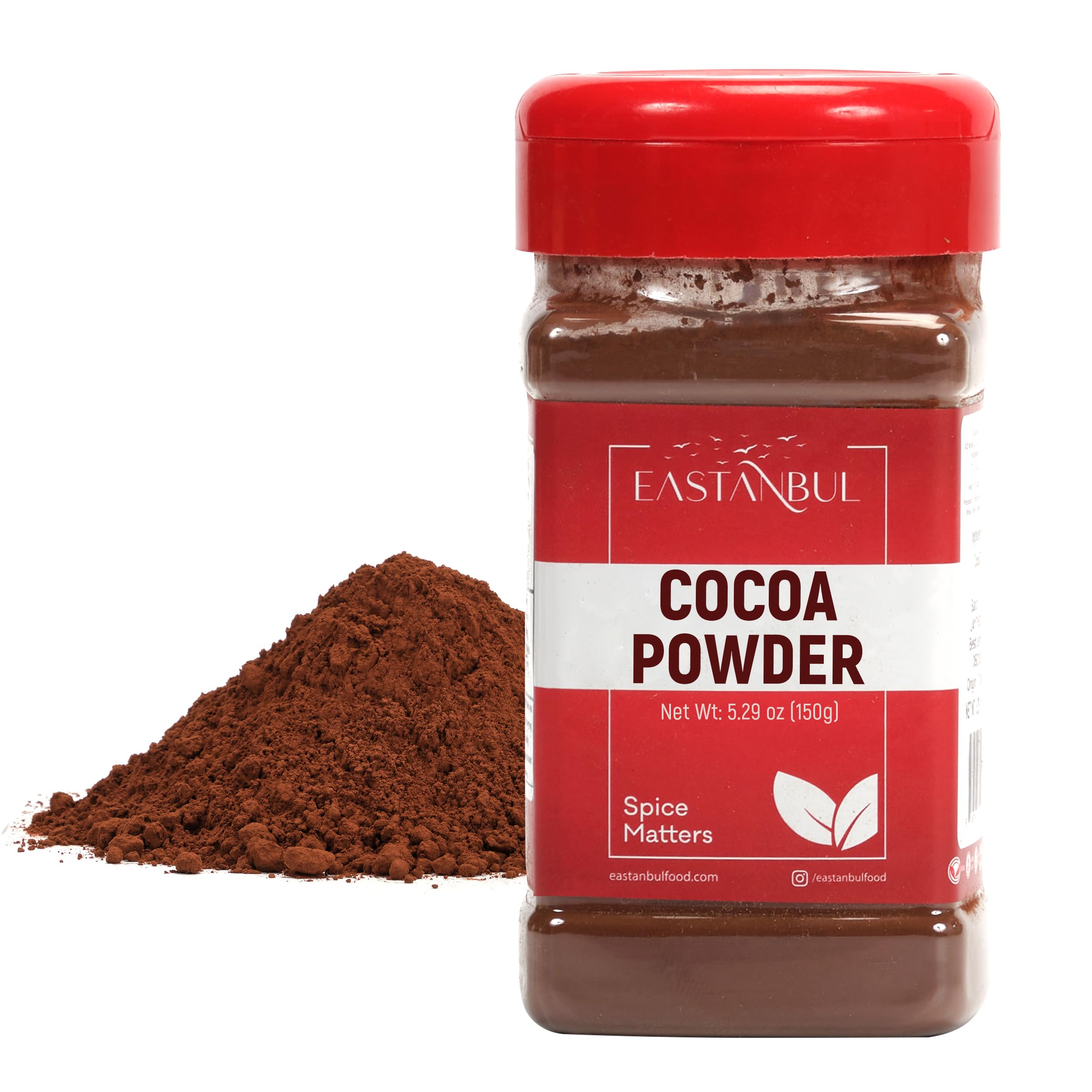 Eastanbul cacao powder bottle shows rich unsweetened cocoa for baking and smoothies.