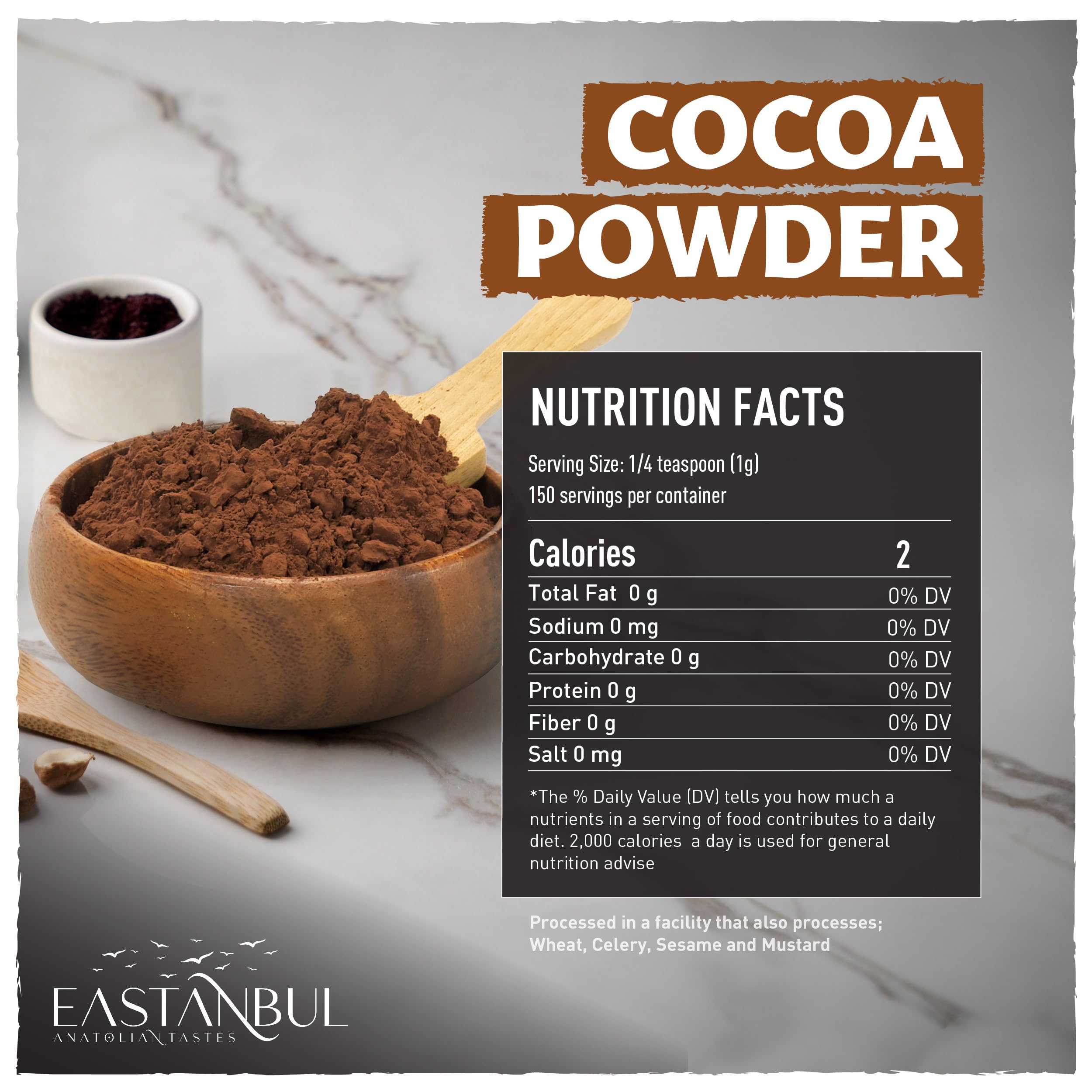 Eastanbul cacao powder scoop reveals fine texture ideal for desserts.