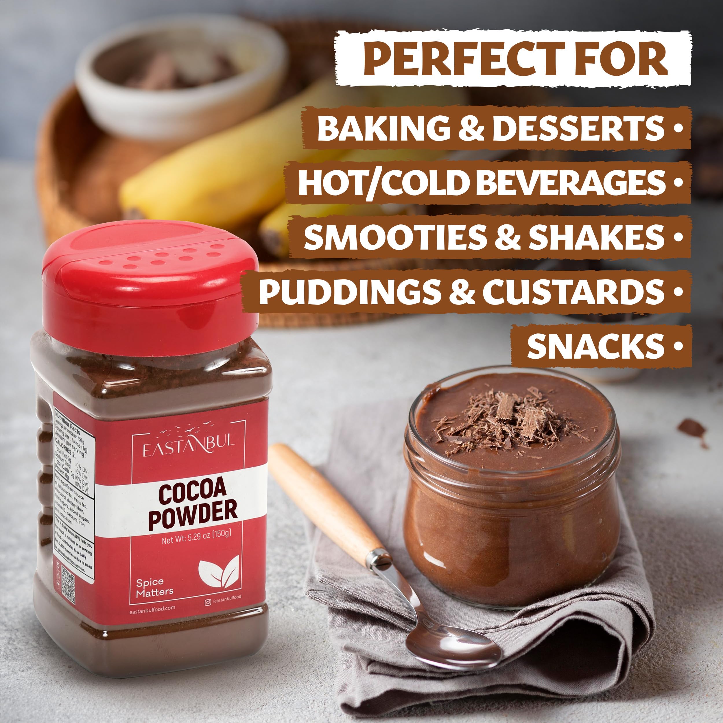 Eastanbul cacao powder smoothie glass emphasizes versatile use.
