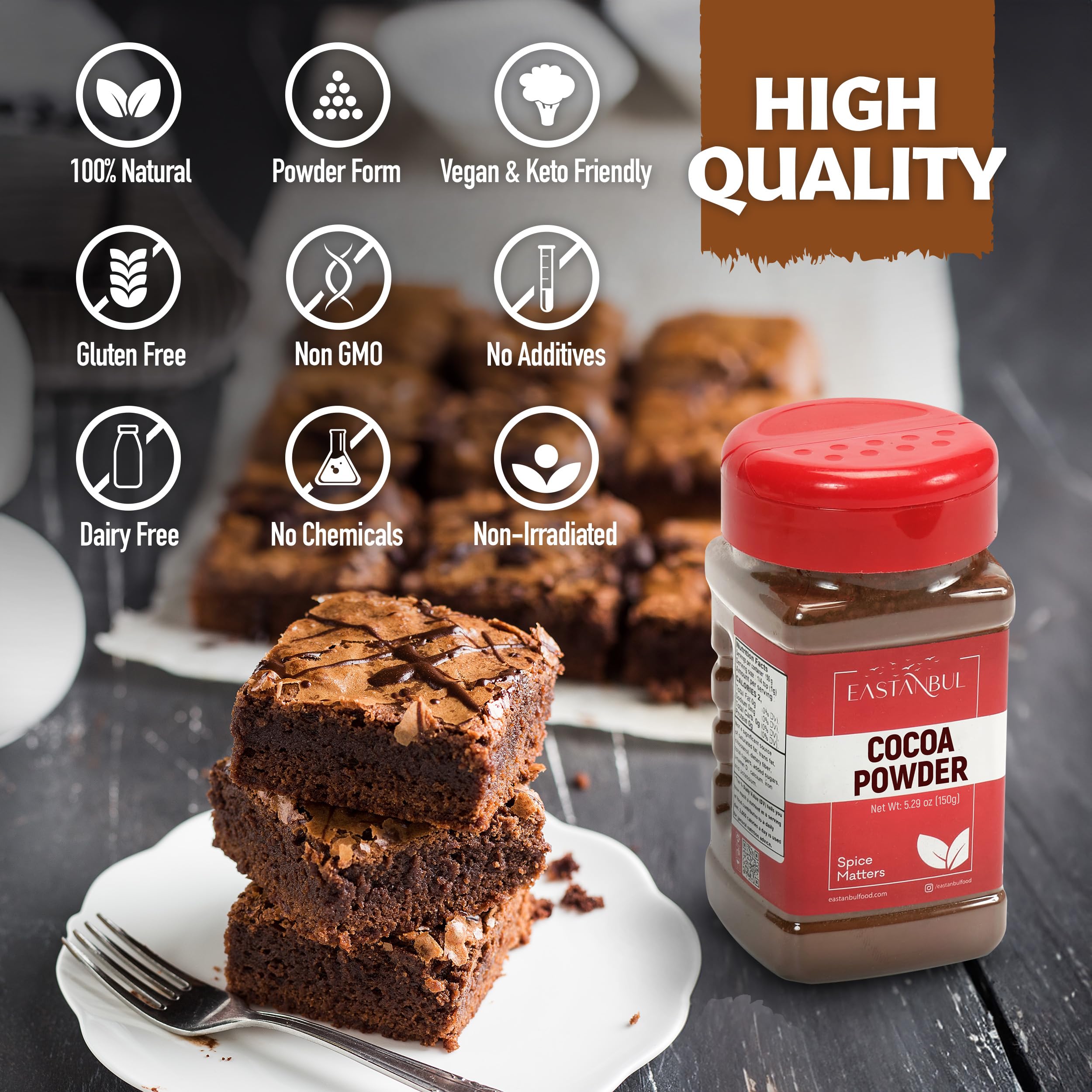 Eastanbul cacao powder close-up reveals fine, vibrant powder texture.
