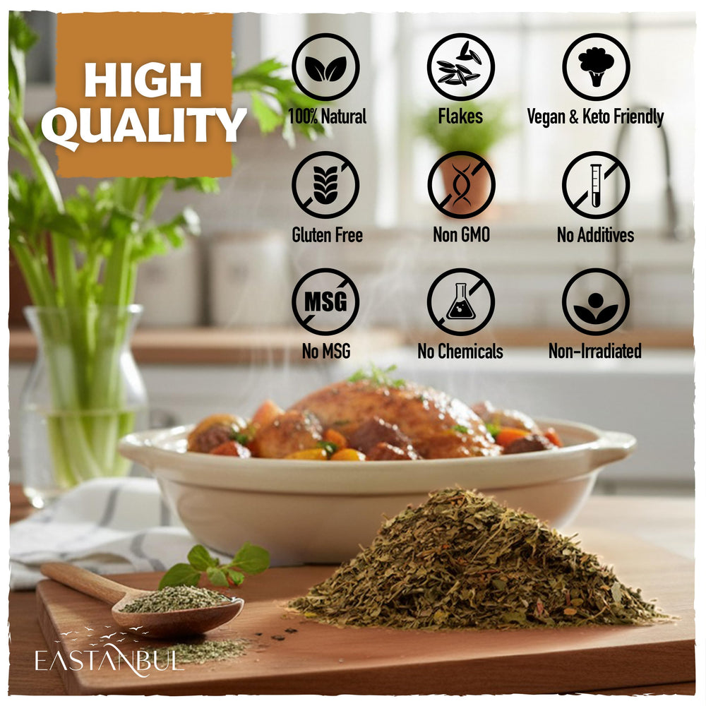 Eastanbul Celery Flakes ingredient panel highlights natural ingredients.