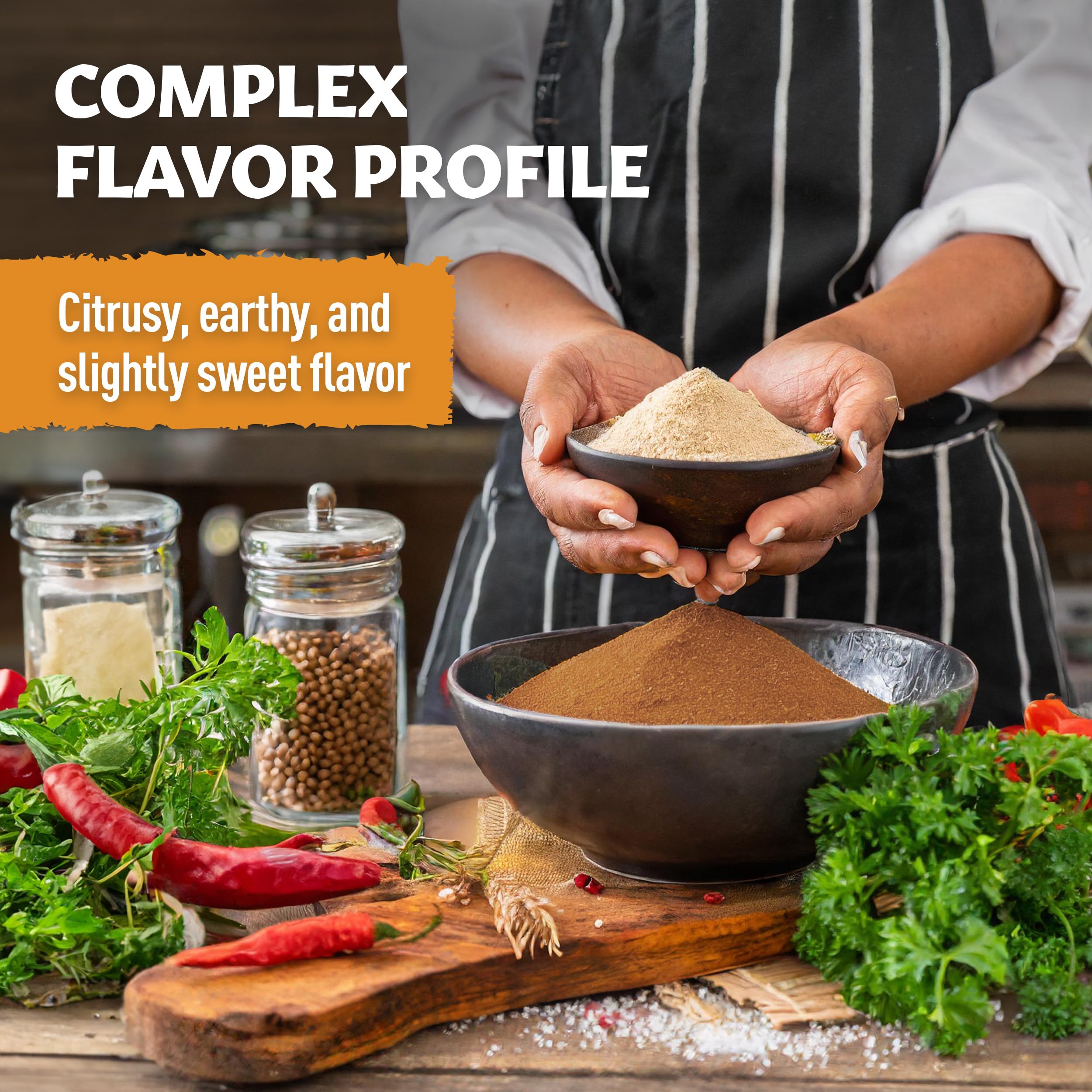 Eastanbul coriander ground jar closeup reveals clean, natural coriander powder.