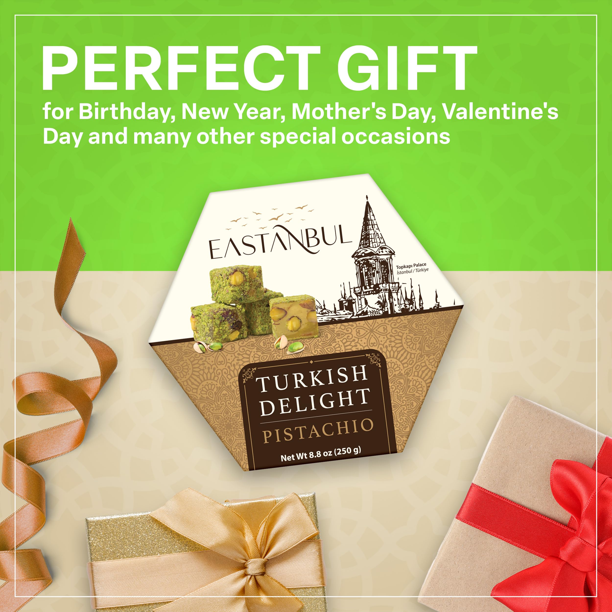 Eastanbul deluxe pistachio lokum pack, ready for gifting.