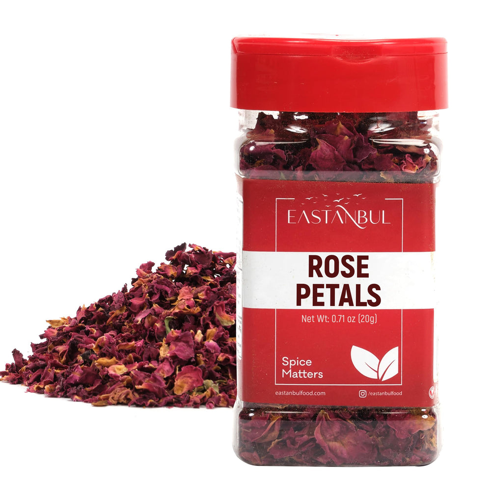 Eastanbul dried rose petals in a jar for garnish and elegant presentation.