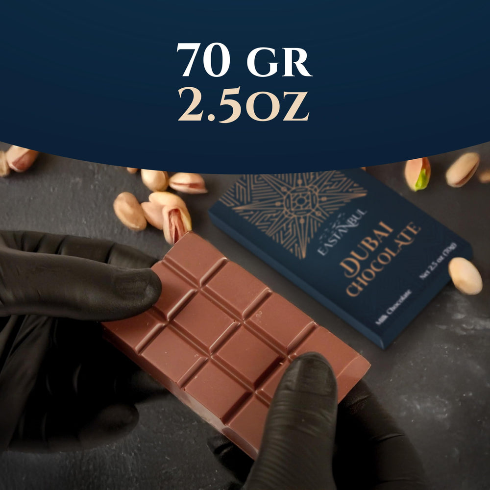 Eastanbul Dubai Pistachio Chocolate Bar with kataifi crunch conveys luxurious bite and intricate layers.