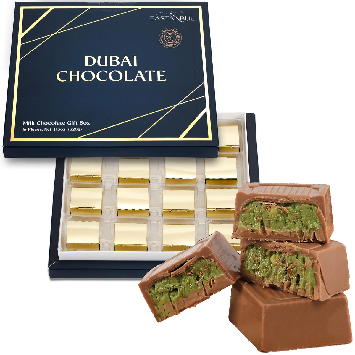 Eastanbul Dubai Chocolate Bar Pistachio packaging highlights premium gift-ready presentation.