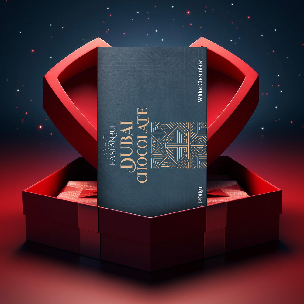 Eastanbul Dubai Chocolate Bar Wrapper Close-Up, gift-ready presentation appeals to dessert lovers.
