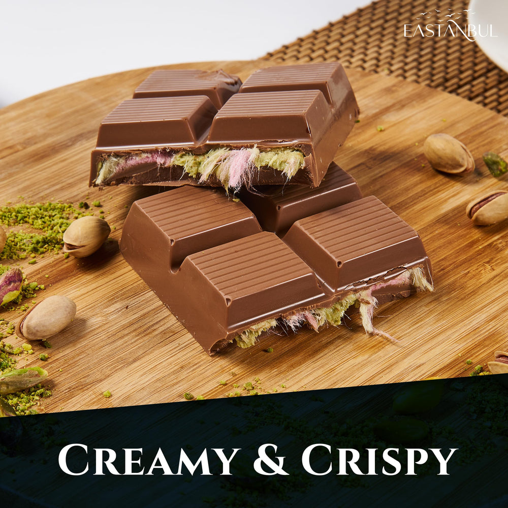 Dubai cotton candy twist texture on Eastanbul chocolate bar, ideal for sharing.