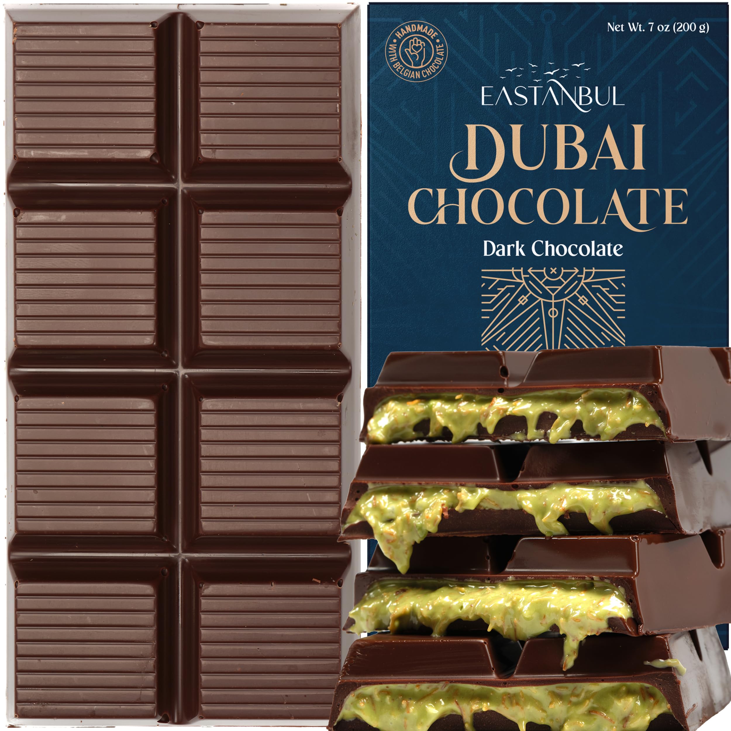 Eastanbul Dubai Pistachio chocolate bar—pistachio crunch and silky chocolate.