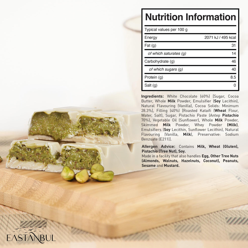 Eastanbul Dubai Pistachio Bar Gift Box, elegant packaging ideal for gifting occasions.