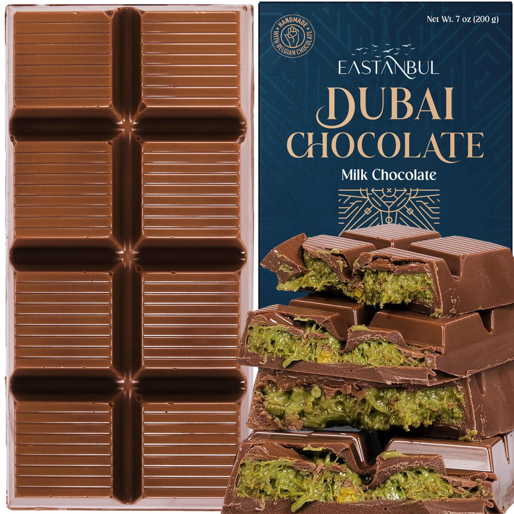 Eastanbul Dubai Pistachio Bar packaging showcases a luxurious gift-ready chocolate experience