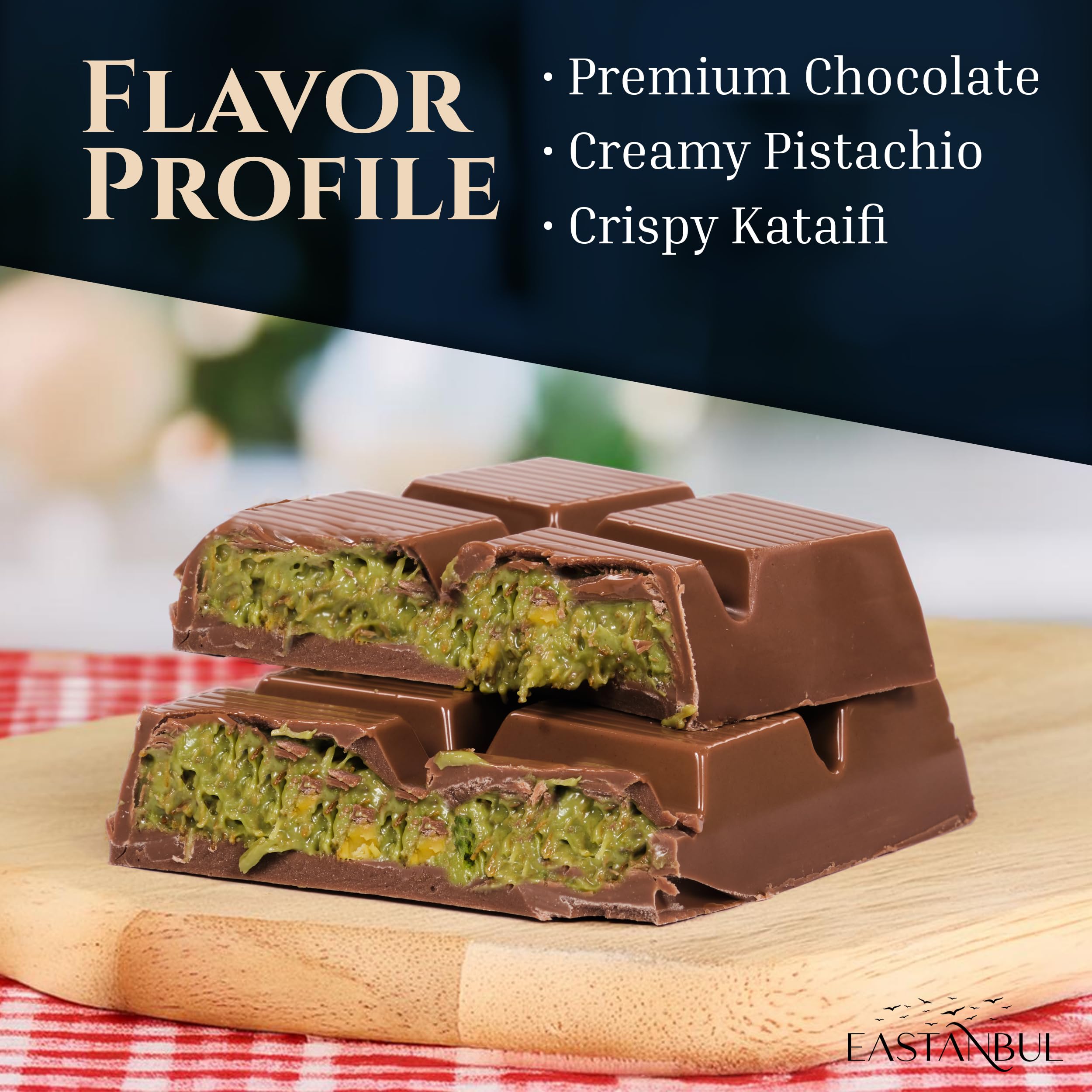 Eastanbul Dubai Pistachio Bar slice reveals creamy chocolate with pistachio filling