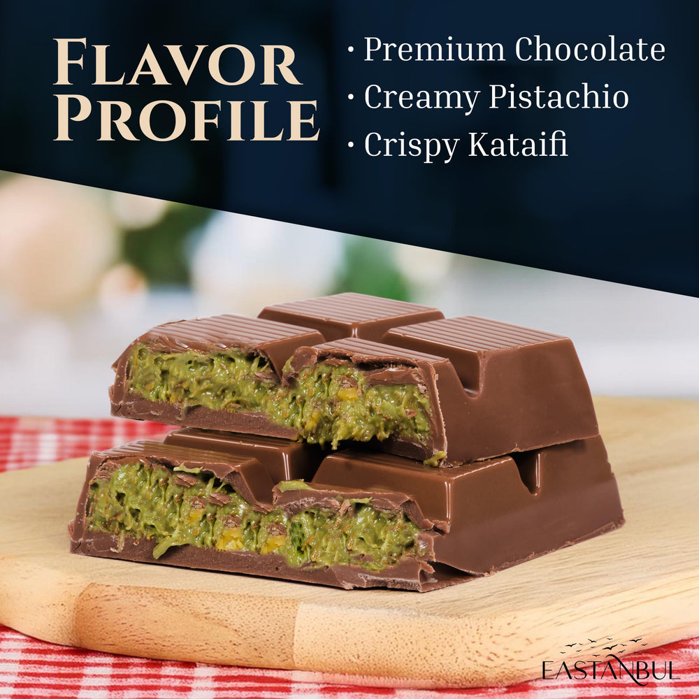 Eastanbul Dubai Pistachio Bar slice reveals creamy chocolate with pistachio filling