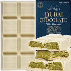 Eastanbul Dubai Pistachio Chocolate Bar 7oz with premium milk chocolate and pistachio paste.