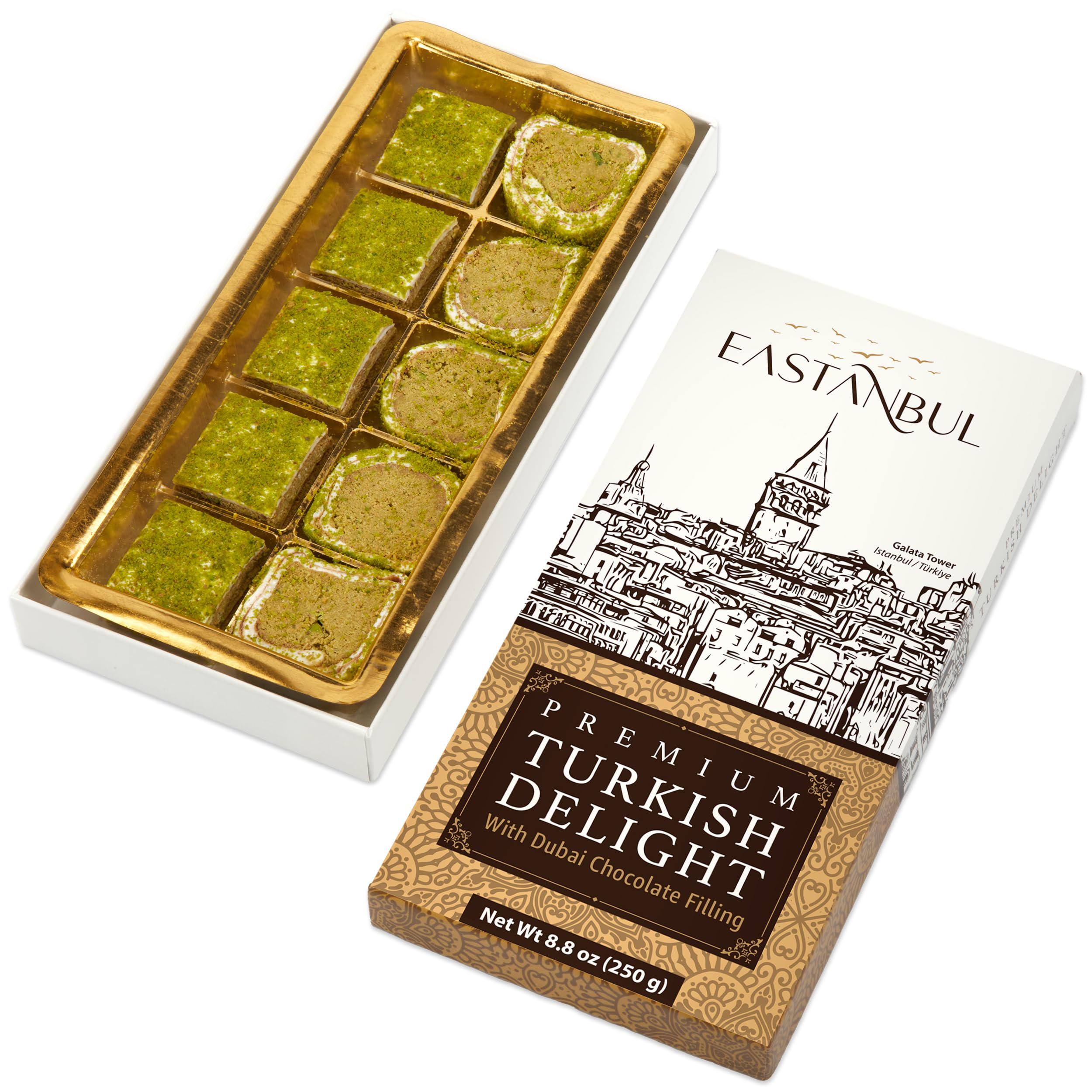Eastanbul Dubai Style Turkish Delight box with pistachio coating, ideal for gifting.