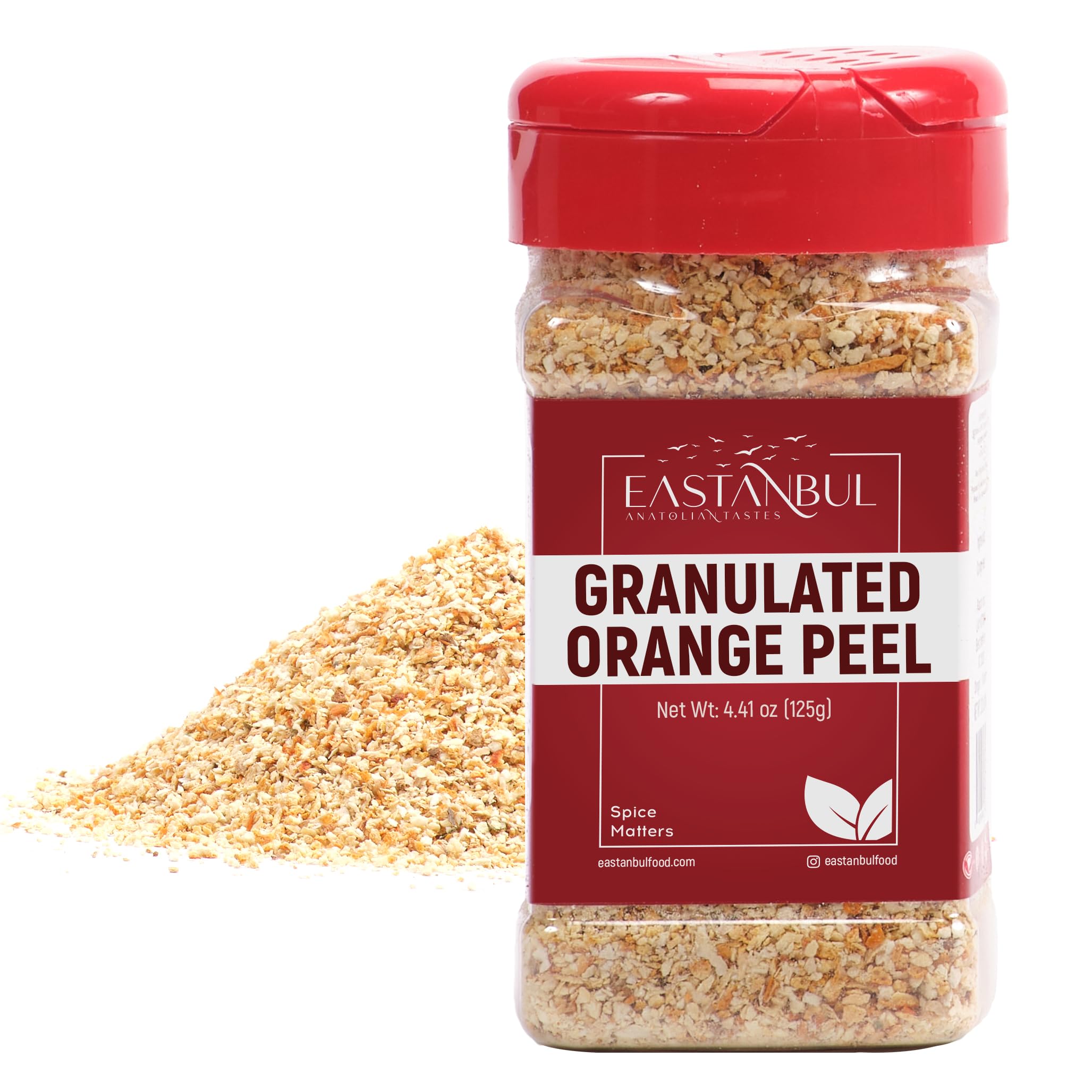 Eastanbul granulated orange peel bottle for easy kitchen sprinkling.