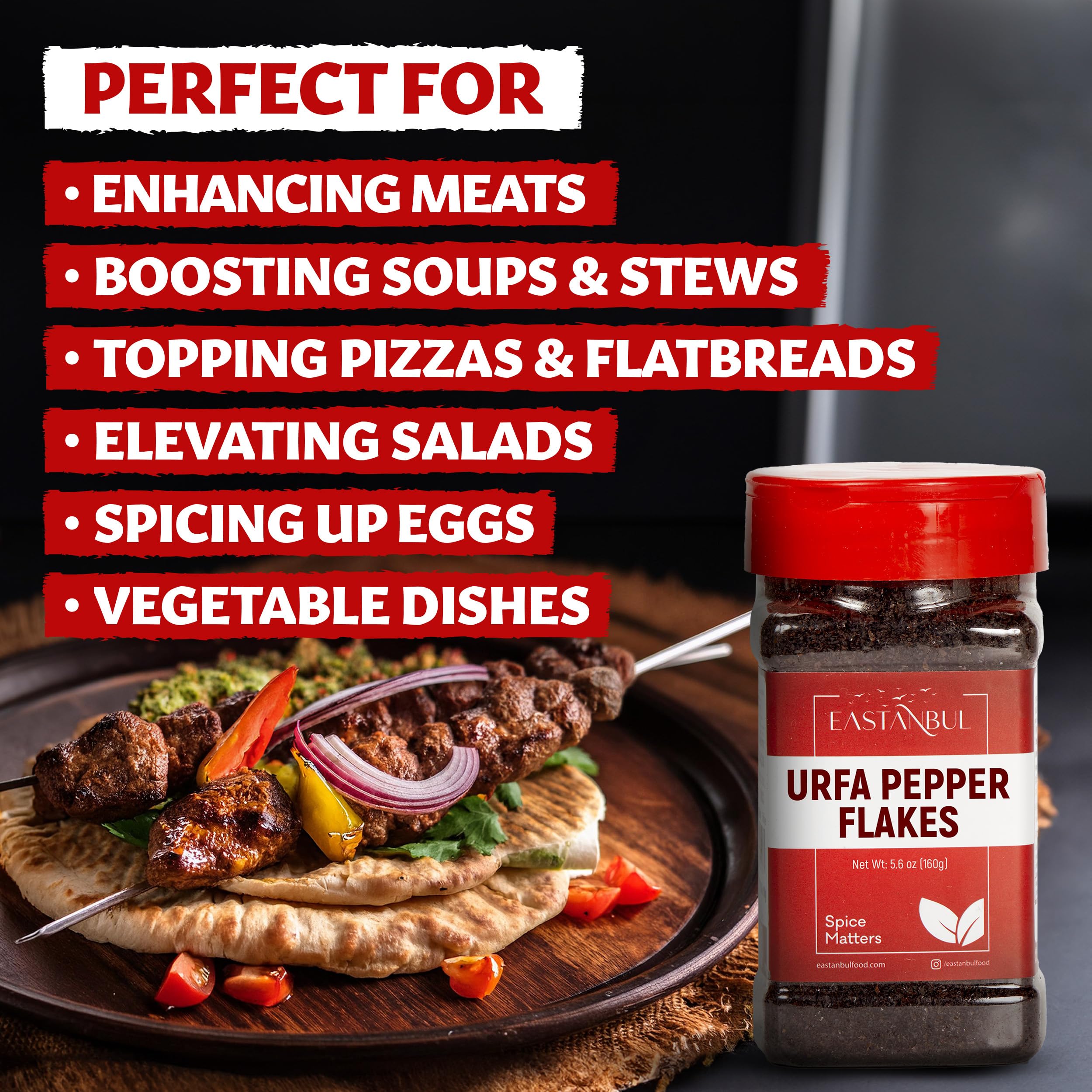 Eastanbul Urfa Pepper Flakes jar delivers smoky bite to kebabs.