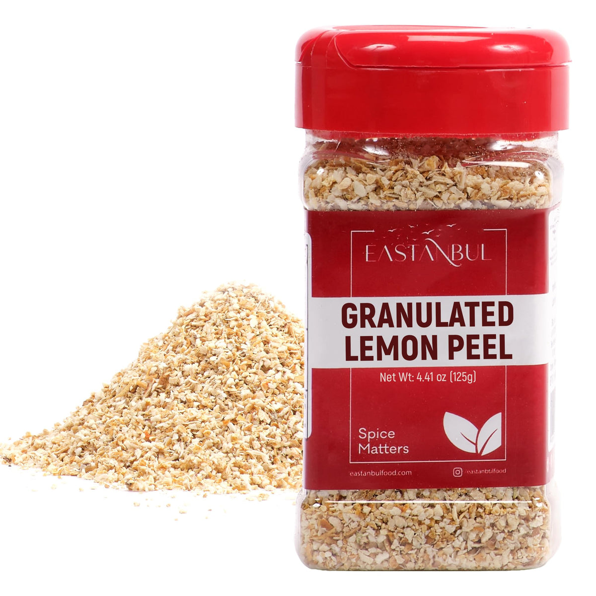 Eastanbul Lemon Peel granules in a jar, ideal for quick baking flavor boosts.