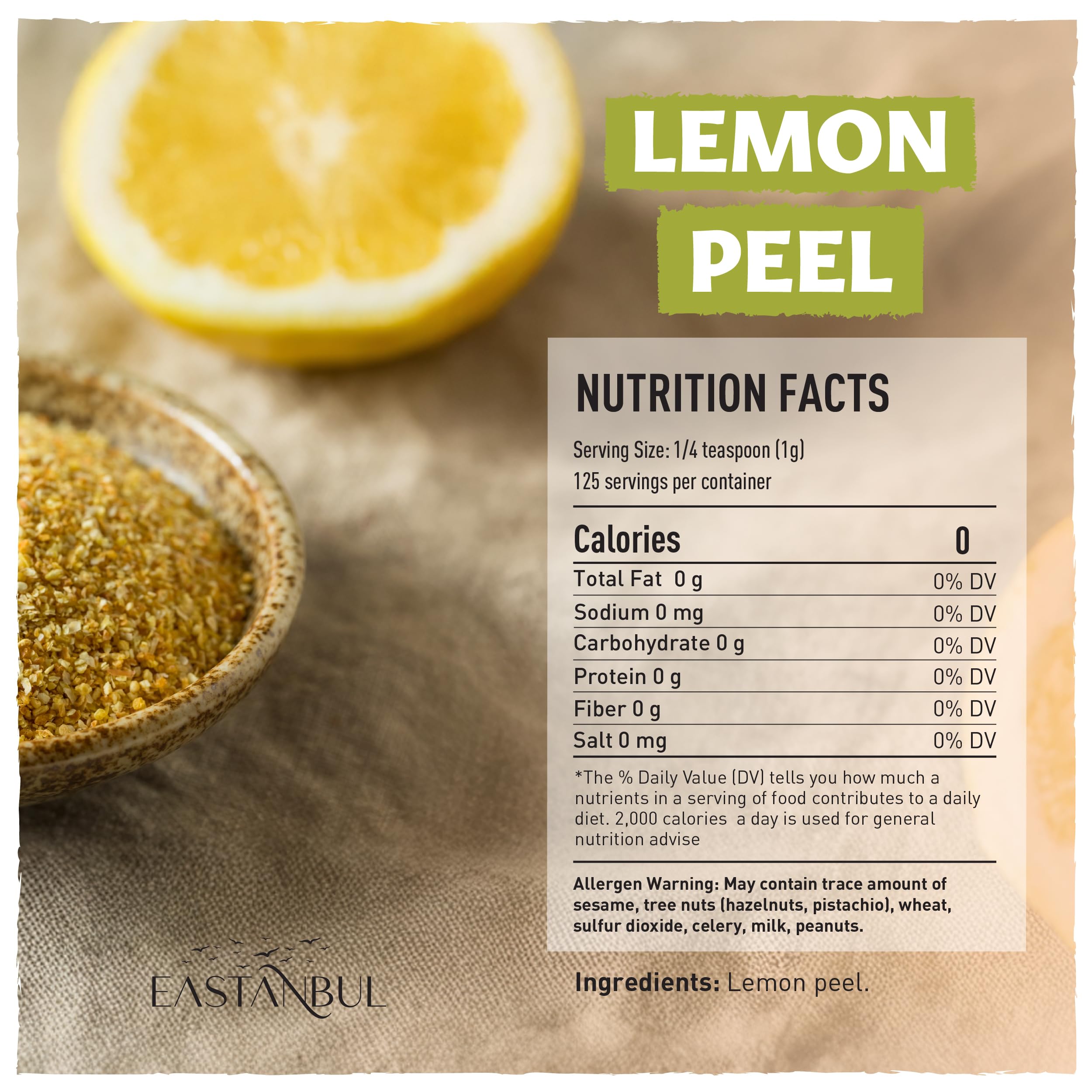Eastanbul Lemon Peel packaging label highlights gluten-free and natural ingredients.