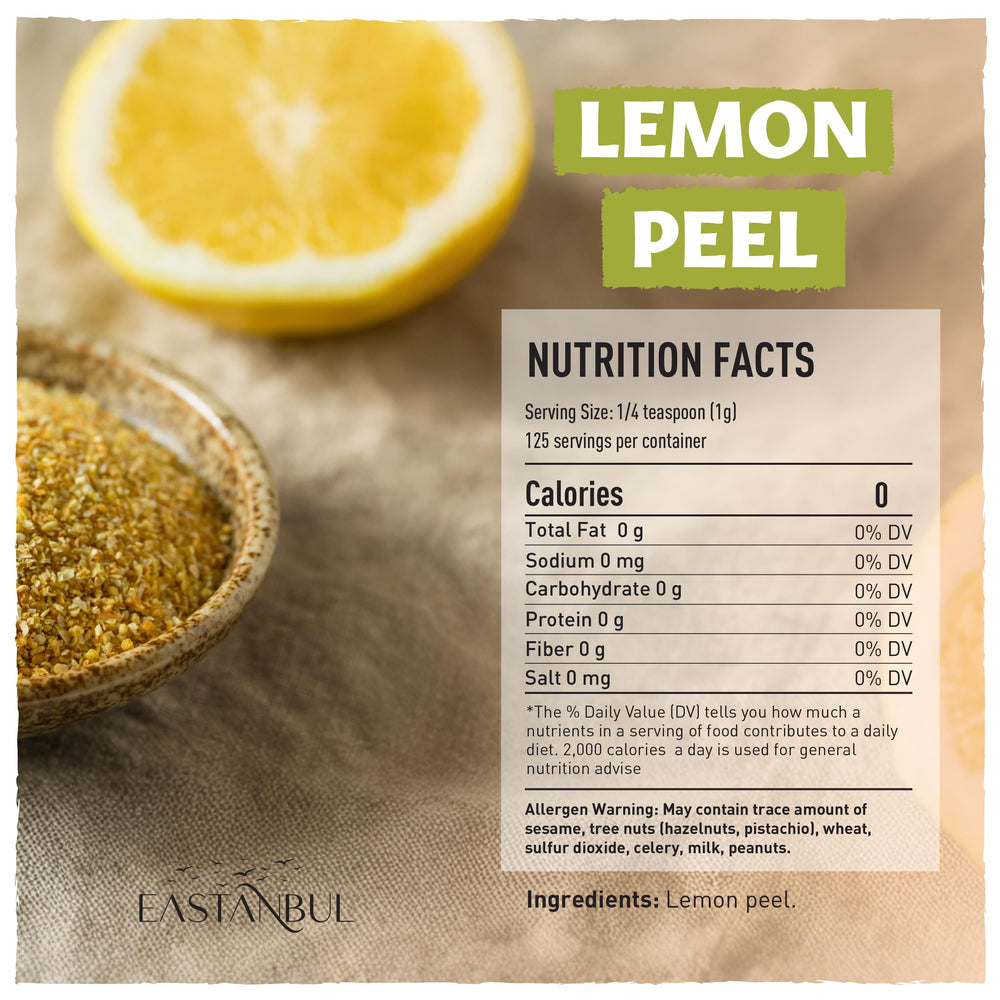 Eastanbul Lemon Peel packaging label highlights gluten-free and natural ingredients.