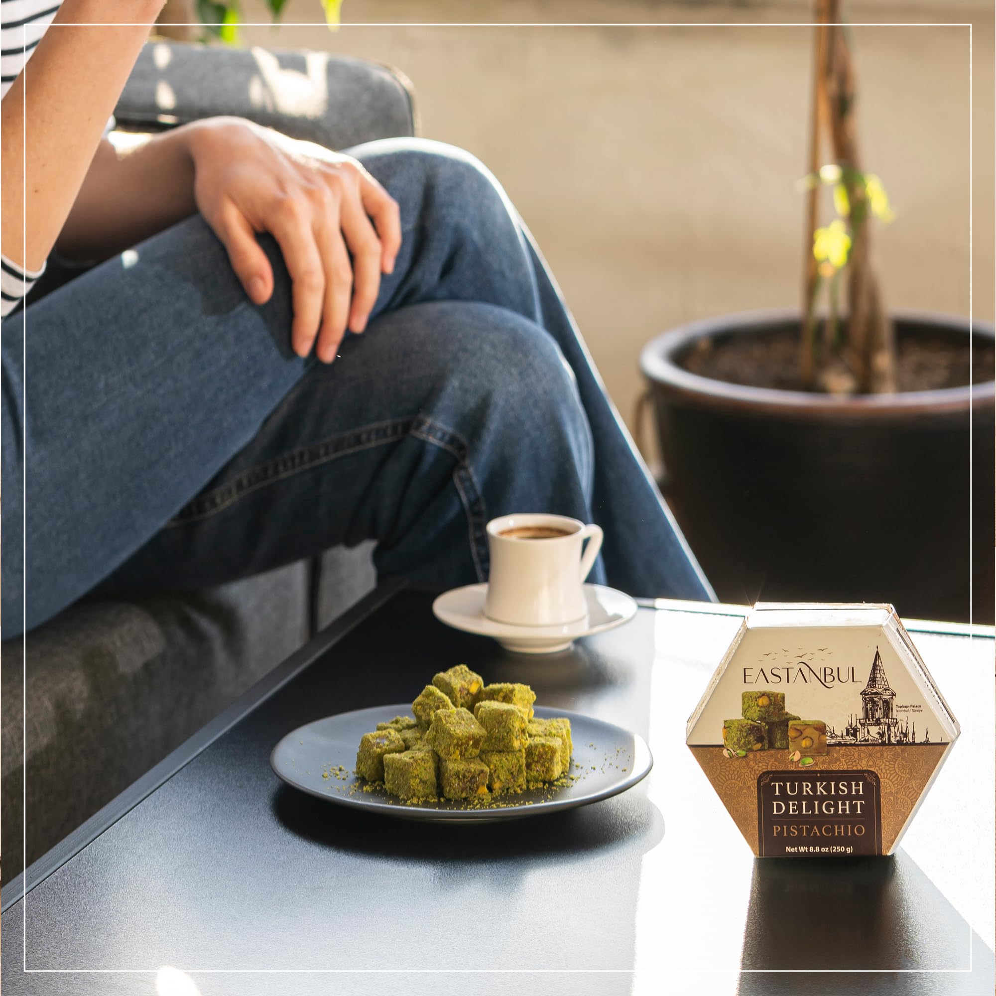 Eastanbul double-roasted pistachio lokum, rich texture ideal for coffee pairing.