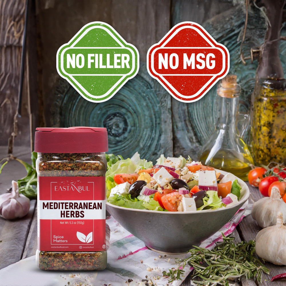 Eastanbul Mediterranean seasoning close-up with dried herbs and lemon zest.