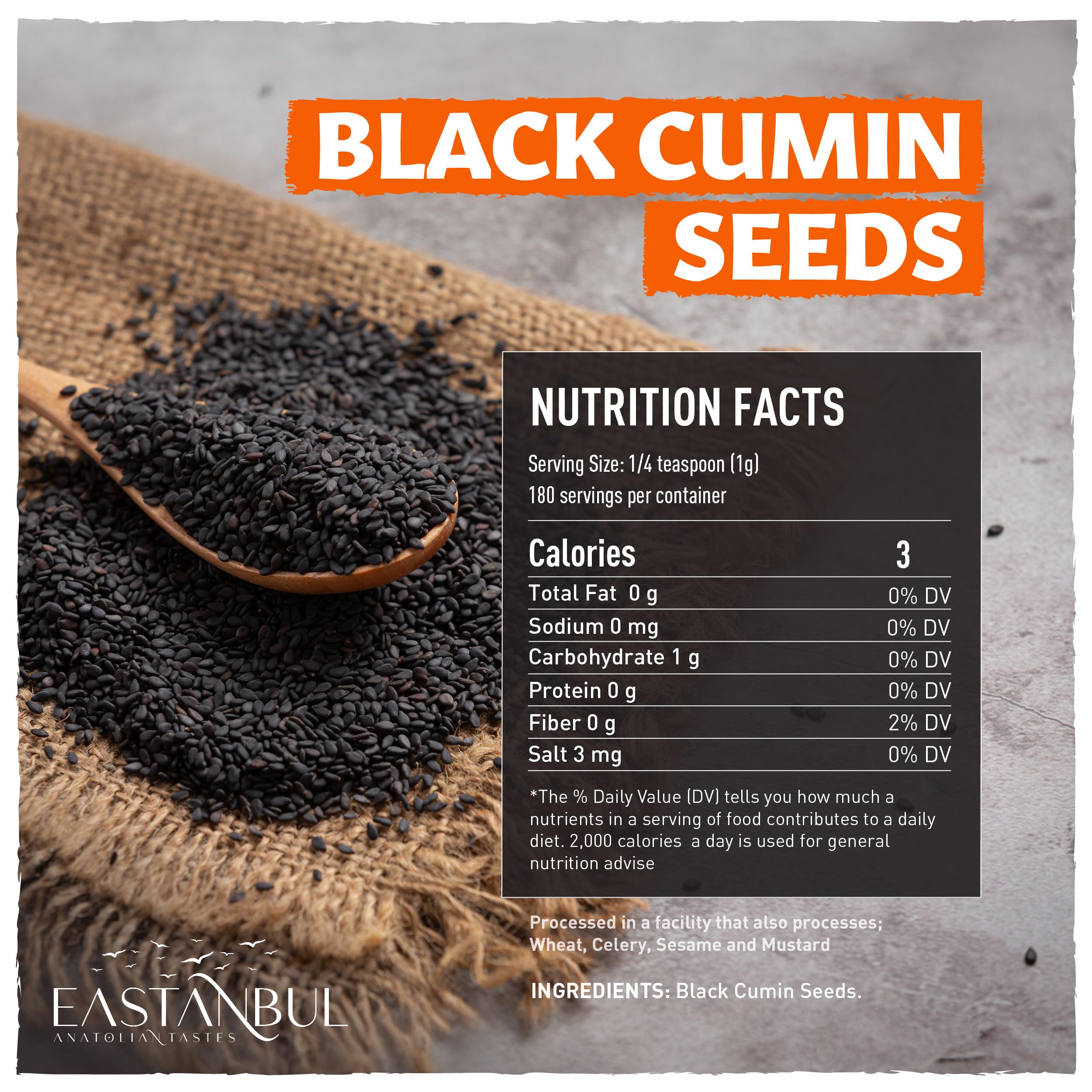 Eastanbul Nigella seeds spilled from a scoop for soups and stews.
