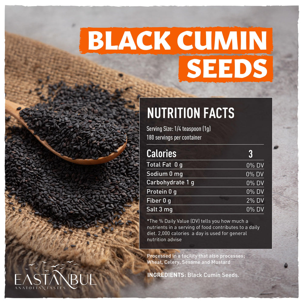 Eastanbul Nigella seeds spilled from a scoop for soups and stews.