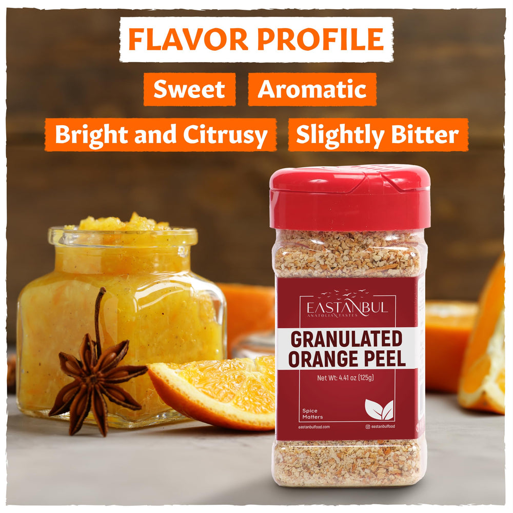 Eastanbul granulated orange peel packaging highlights gluten-free and clean ingredients.