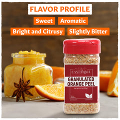 Eastanbul granulated orange peel packaging highlights gluten-free and clean ingredients.