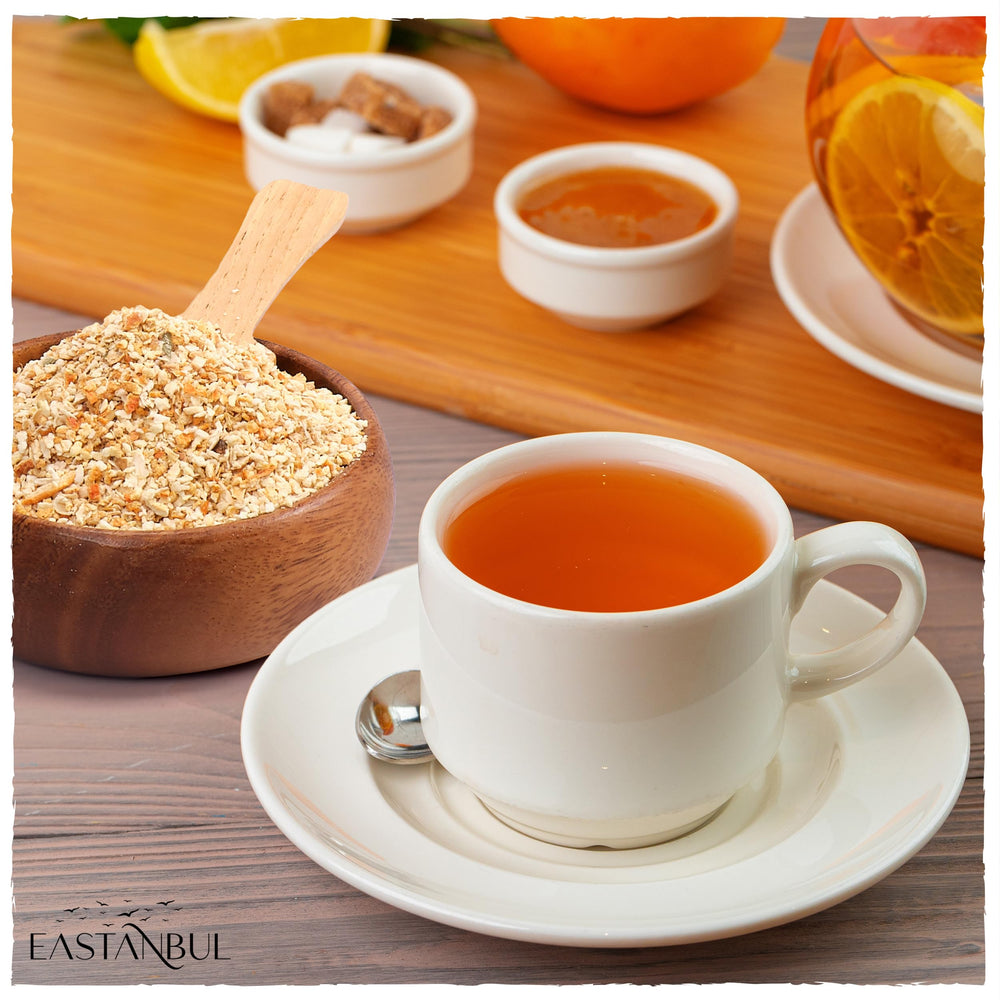 Eastanbul granulated orange peel for fragrant tea infusions.