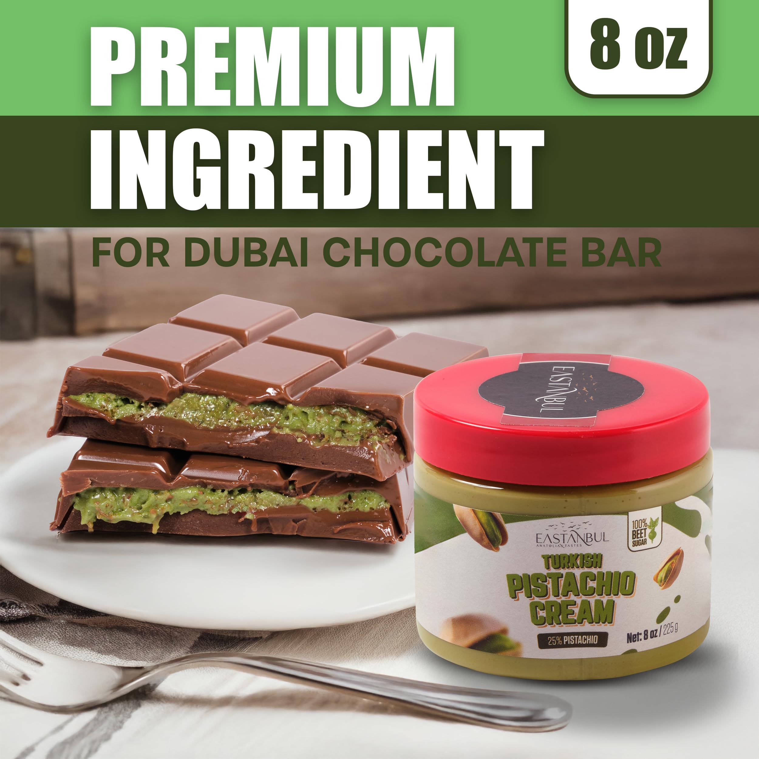 Dessert plated with Eastanbul Pistachio Cream, creamy nuttiness