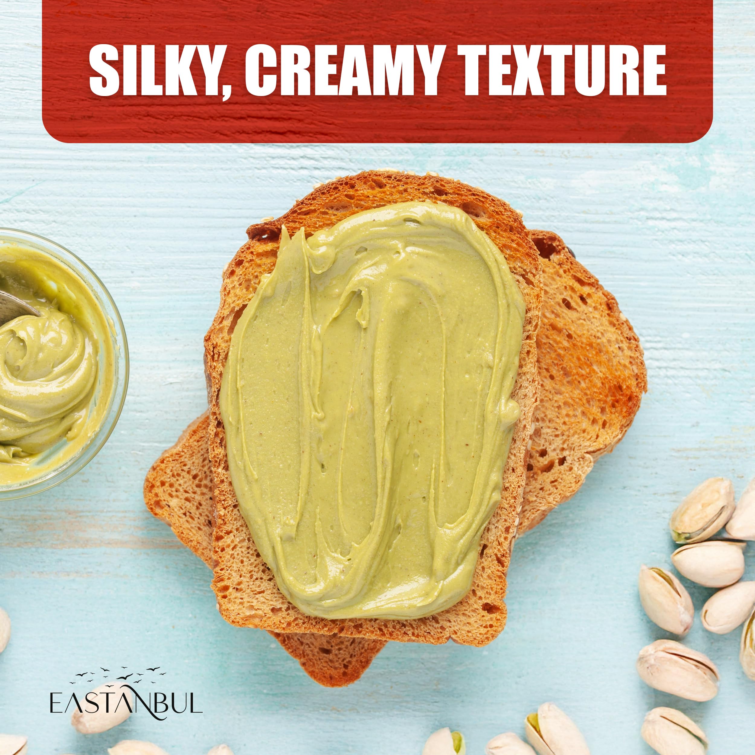 Eastanbul Pistachio Cream in glass jar with spoon, easy to portion.