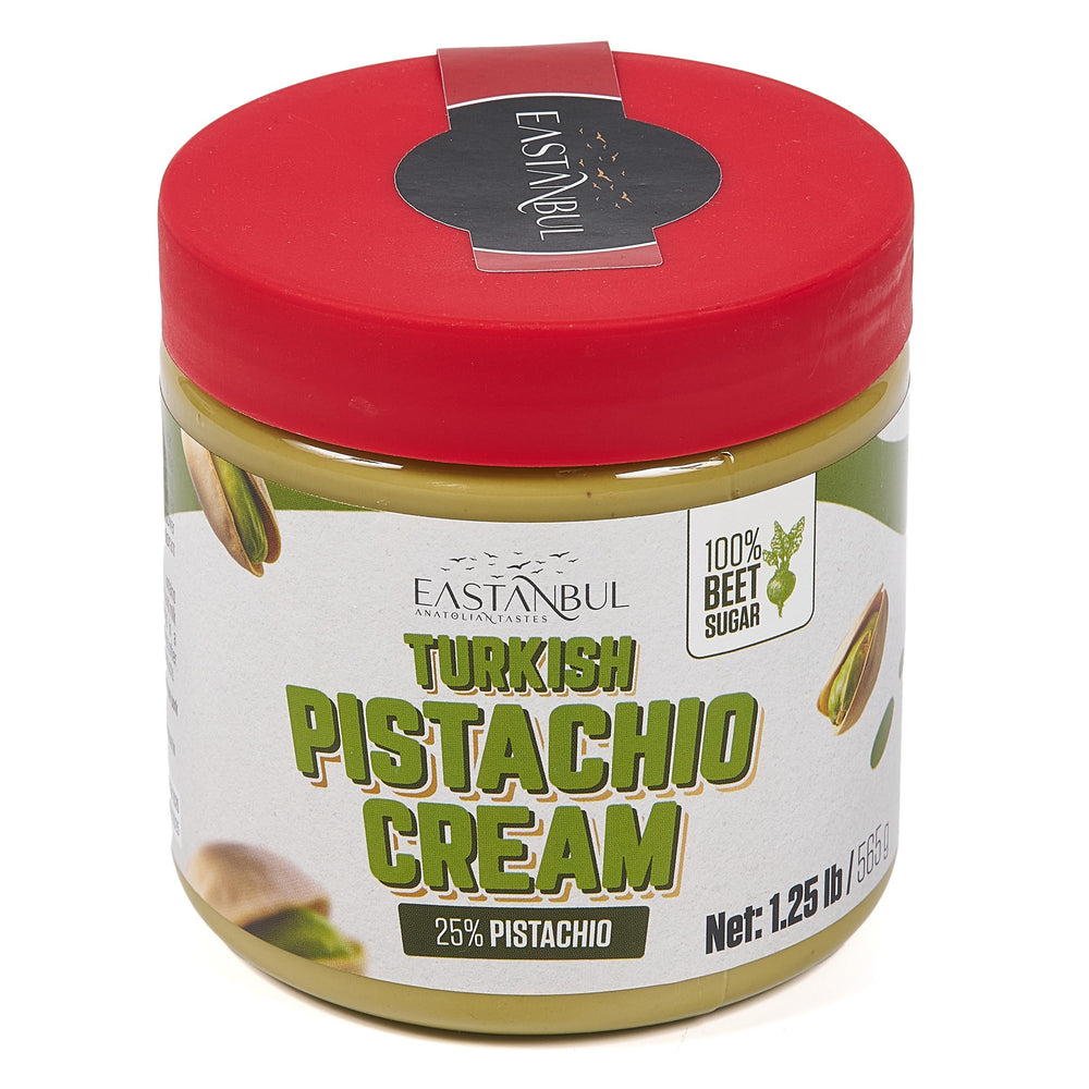 Eastanbul Pistachio Cream jar closeup showing creamy dessert-friendly texture.